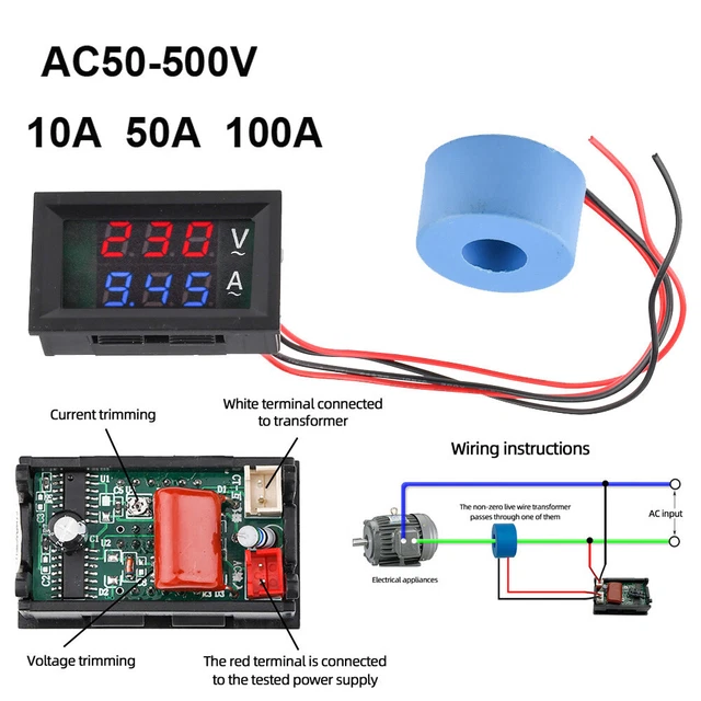 10/50/100A VOLTMETER CURRENT Voltage Amp Meter Hall Effect Sensor AC 50