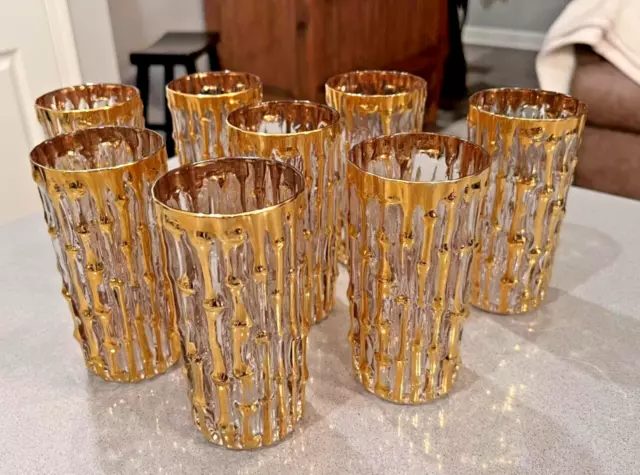 Vintage IMPERIAL GLASS BAMBOO ROCKS Highball Glasses - 22k Embossed - Set of 8