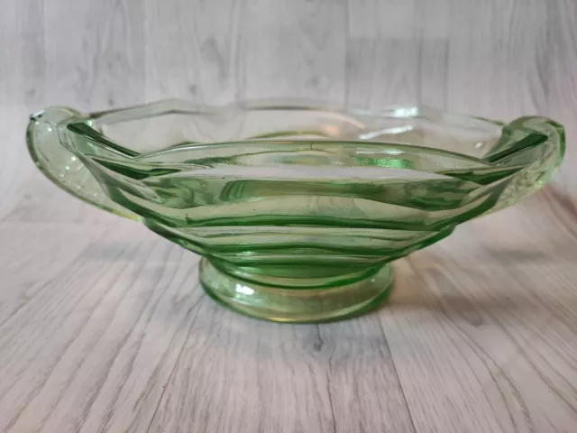 Bagley Vintage Art Deco Pressed Green Glass Large 12" Fruit Salad Bowl Dish Rare