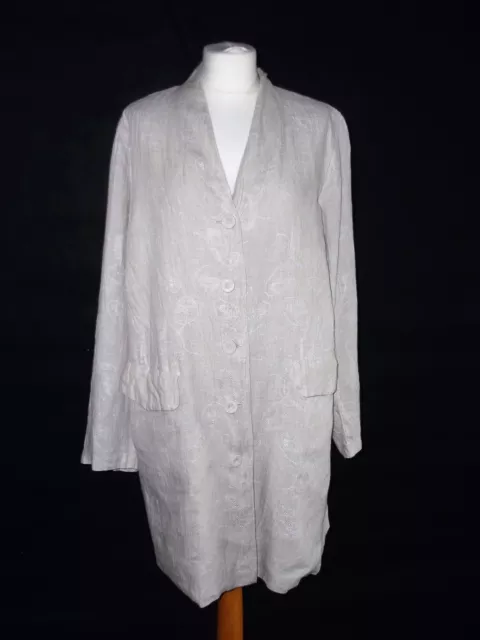 EILEEN FISHER schöne natürliche Leinen lange Jacke in hellem Karamell M 12 14 16