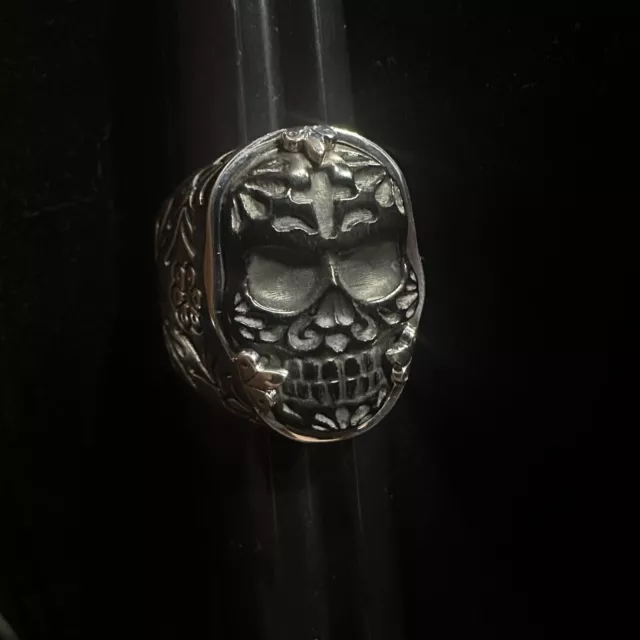 King Baby Studio Carved Jet Skull Ring on Sterling Silver Bezel Size 12