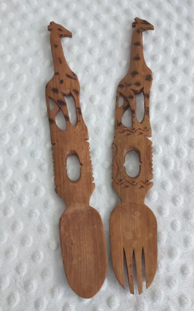 Vintage Wooden Salad Tongs Carved Spoon Fork Giraffe Serving Utensils African