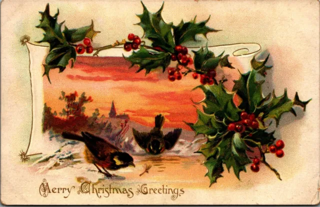 c1906 Merry Christmas Greetings Birds Holly Vintage Tuck Postcard
