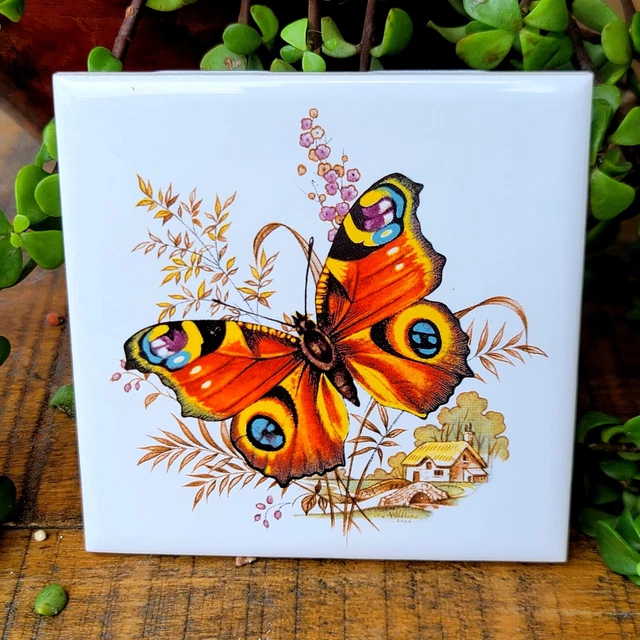 Vintage Retro Butterfly in Countryside Ceramic Tile 4.5"x4.5" Made Thailand