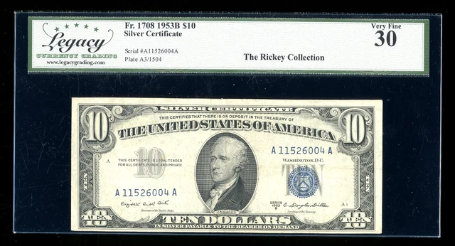 DBR 1953-B $10 Silver Fr. 1708 Legacy 30 Serial A11526004A