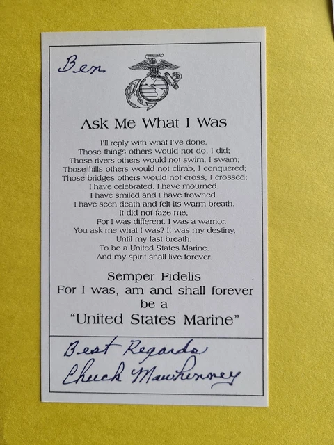 Charles Mawhinney Vietnam USMC Sniper 103 Kills Signed 3.5 x 6.5 inch Insc. Ben