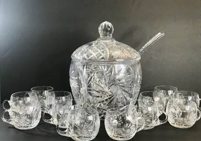 American Brilliant Vintage Cut Glass Heavy Punch bowl, Set 15 Pcs Superb