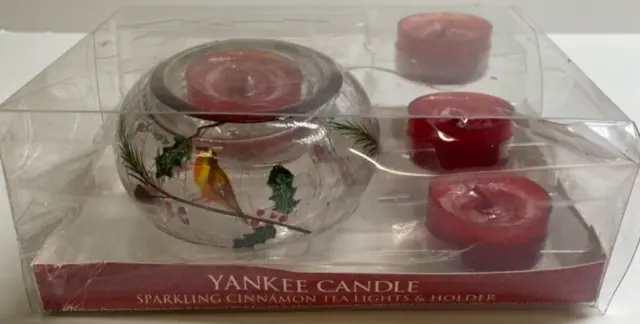 Yankee  Candle Red Sparkling Cinnamon Tea Lights and Holder New Set in Box