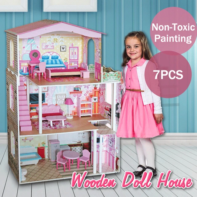 Large Wooden Dolls Doll House 3 Level Kids Pretend Play Toys Full Furniture Pink