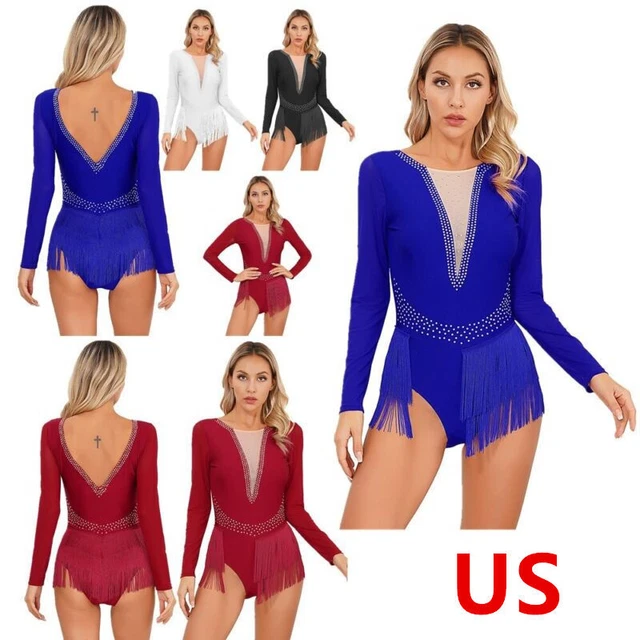 US Womens Dancewear Tassel Long Sleeve Bodysuit Dance Leotard Backless Gymnastic