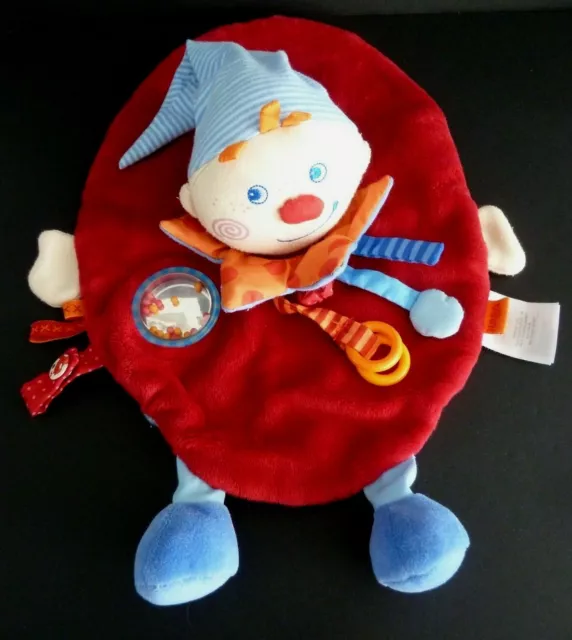 R21- Doudou Plat Haba Clown Lutin Rouge Bleu Orange Rond Billes - Ttbe