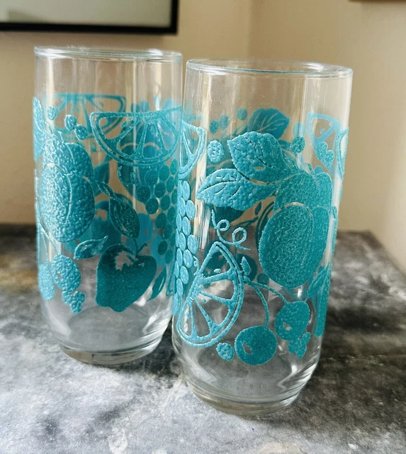 Pair ViNTAGE MOD MiD CENTURY LiBBEY TURQUOiSE RAiSED FRUiT 16oz GLASSES TUMBLERS