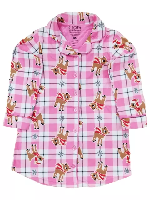 Girls Rudolph Red Nosed Reindeer Pink Plaid Christmas Holiday Nightgown