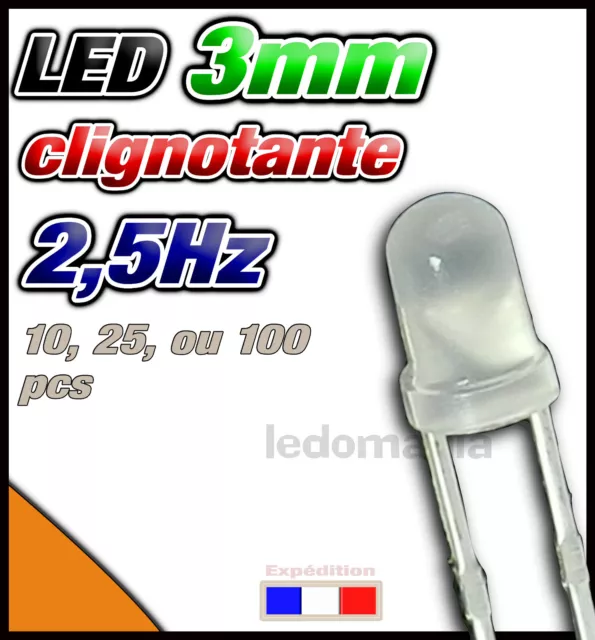 213O# LED 3mm clignotante rapide 2,5Hz orange ronde, dispo 10, 25 ou 100pcs -