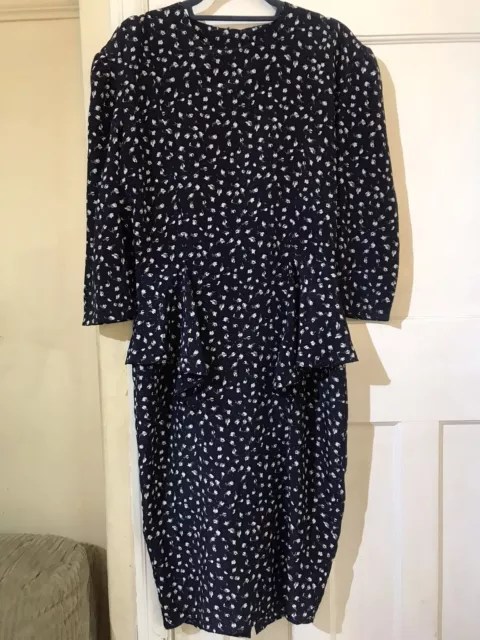 Dorothy Perkins Kleid Vintage 80er Jahre Midi Bleistift Schößel blau Blumenmuster langärmelig UK 8/10