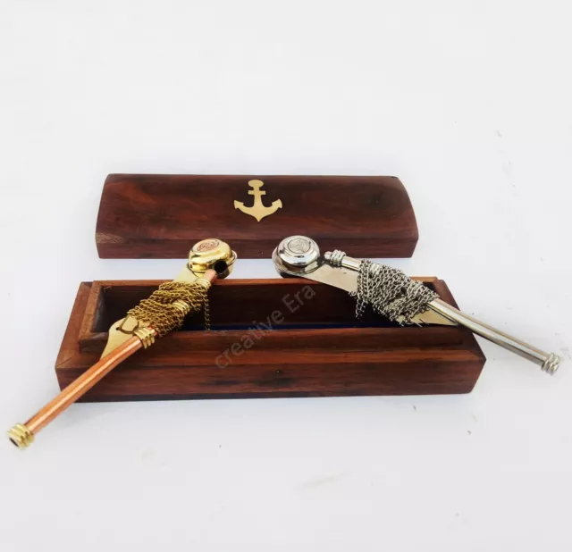 Antique Copper & Silver Bosun's Whistle Brass  Boatswains Pipe with Wooden  Box