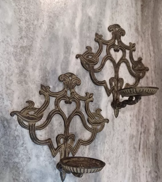 Vintage Cast Iron Ornate Oil Lamp Wall Sconce Pair 10"