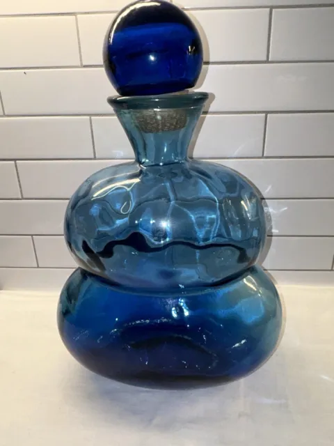 Beautiful Large Cobalt Blue Ombré Decanter Bottle 14” Vase With Lid From Spain.