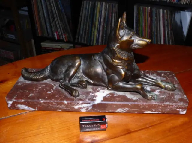 Art Deco Animal Sculpture Chien Shepherd German Regulate Patina Bronze Marble 2