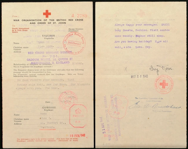 8548) Rotkreuz-Nachrichten Brief 2.2.42 England nach Guensey Antwort 26.5.42