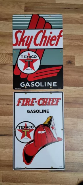 pair of porcelain Texaco Sky/Fire Chief signs vintage gasoline gas pump sign