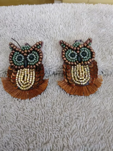 INC International Concepts Gold Tone Bead Owl Drop Earrings 2" excellent