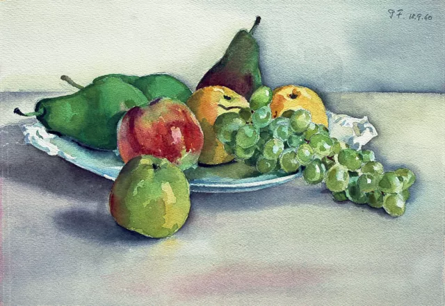 Paul Fischer 1873-1970: Stilleben Obst  Äpfel Weintrauben Birnen Aquarell 1960