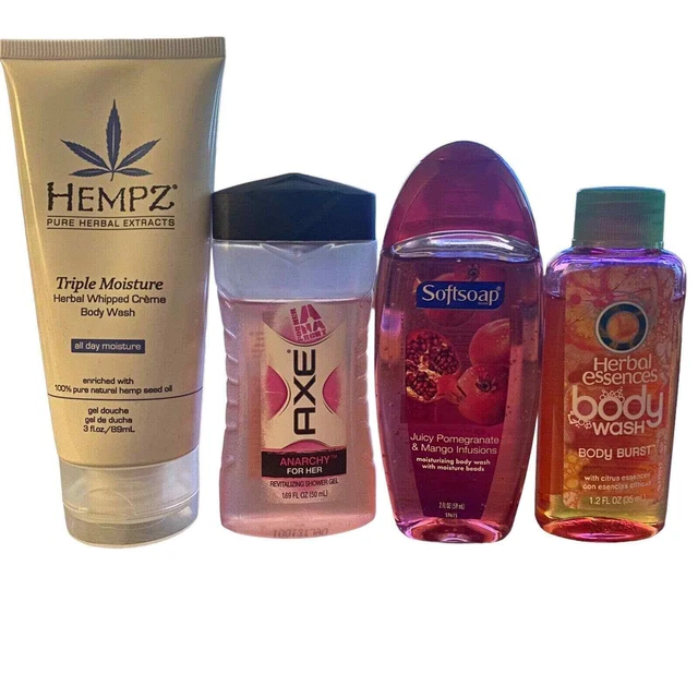 4 COUNT - Softsoap TRAVEL SIZED Hempz Axe Herbal Essence Shower Gel Body Wash