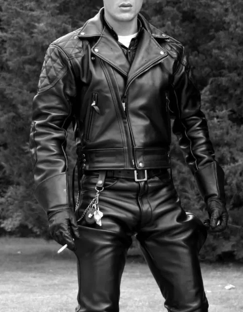 Men's Real Leather Quilted Panels Bikers Jacket Natural Leather BLUF Jacket