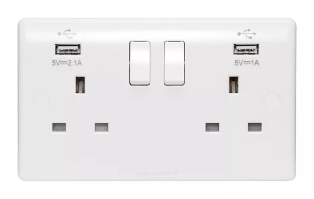 Double Wall Plug Socket 2 Gang 13A with 2 USB Charger Port Outlets White Plate