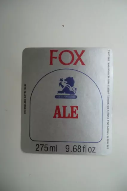 WOLVERHAMPTON & DUDLEY BREWERIES FOX ALE 9.68 fl oz BREWERY BEER LABEL