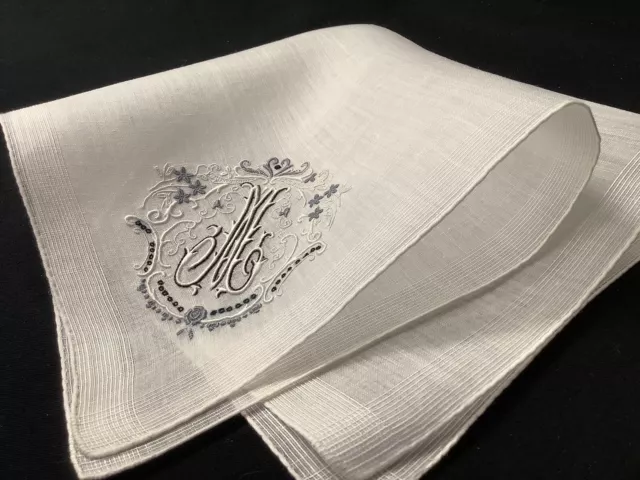 11092🌟Vintage Bridal BLACK Madeira Monogram “M” Wedding Handkerchief Heirloom