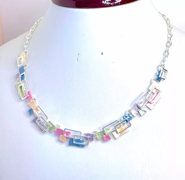 Multicolour Silver Geometric Necklace Statement Art Deco Jewellery Women Gift