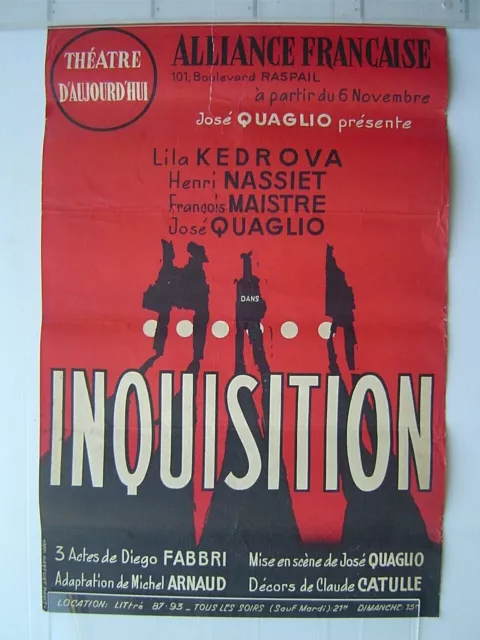 AFFICHE ancienne 1960 : THEATRE ALLIANCE FRANCAISE / INQUISITION - QUAGLIO