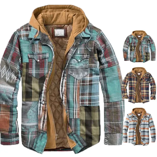 Mens Lumberjack Hooded Padded Fleece Shirt Jacket Warm Plaid Sherpa Hoodie Coat