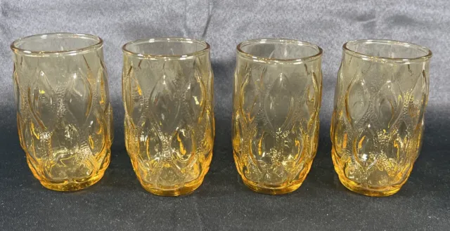 Vintage Lot 4 Yellow Amber Embossed Teardrop Juice Glasses Anchor Hocking