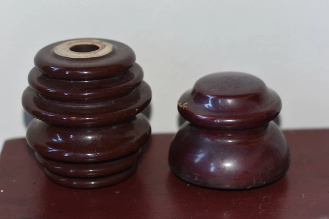 2 Antique Brown Glazed Porcelain Ceramic Insulators Ribbed Spool Style USA Made