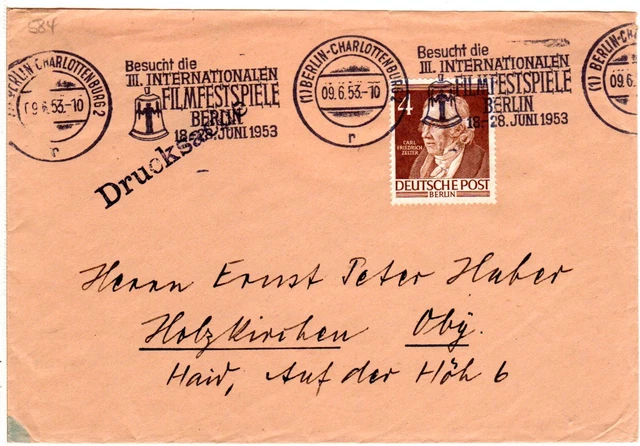 Berlin 1953, III. INT. FILMFESTSPIELE Werbestempel auf Brief m. 4 Pf.