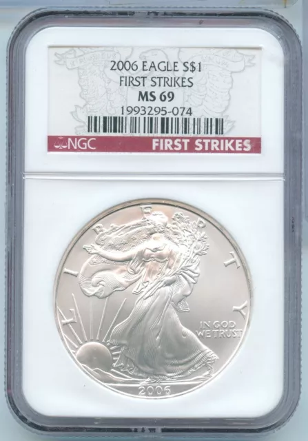 2006 American Silver Eagle 1 oz Silver Dollar NGC MS69 First Strike - SR192