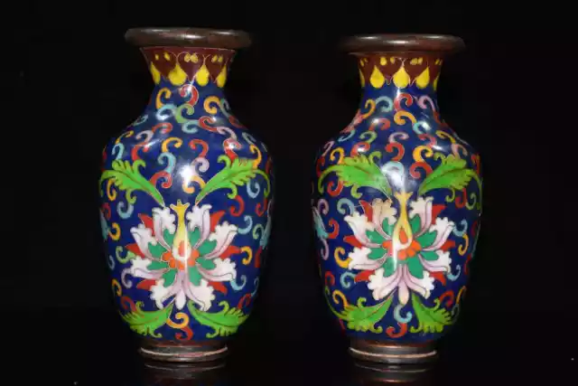 A Pair Chinese Copper Cloisonne Handmade Exquisite Pattern Vases ah0710