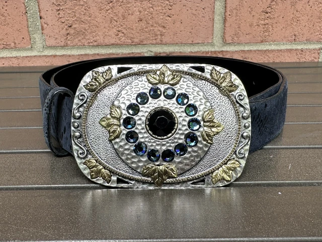 Vintage Leather Chicos Blue Snake Skin Belt w/ Silver Bucket w/ Gem Stones L
