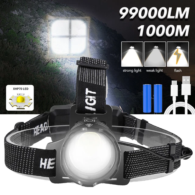Head Torch Headlight LED USB Rechargeable Headlamp Telescopic Zoom Battery 5Mode