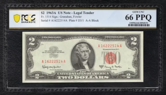 Fr 1514 1963-A $2 Legal Tender United States Note Pcgs Banknote Gem Unc-66Ppq