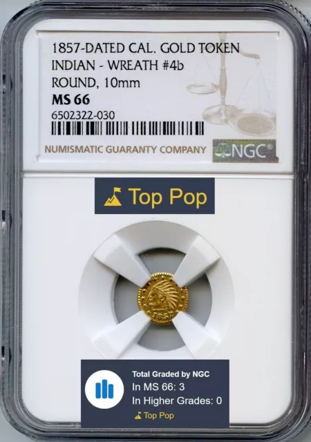 Top Pop! 1857 Indian Rd 1/4, California Gold Token / Ngc Ms66 Finest Known! R.7