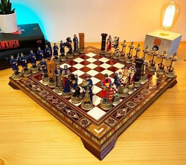 Chess Set Crusaders Chess Pieces Hand Painted Solid Wood Chess Board, Gift Idea