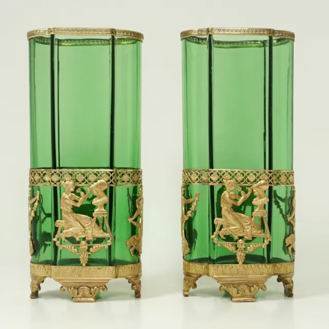 Antique French Gilt Bronze Glass Vases PAIR Ormolu Empire Neoclassical Nymphs