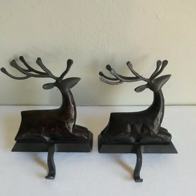 TWO Cast Iron/Wood Reindeer Christmas Stocking Hangers/Holders Rustic Primitive