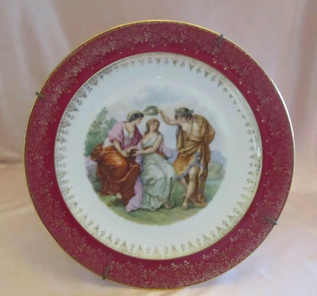 Plato Decoración en Porcelana de Limoges Antiguo Borde La Rojo Y Oro