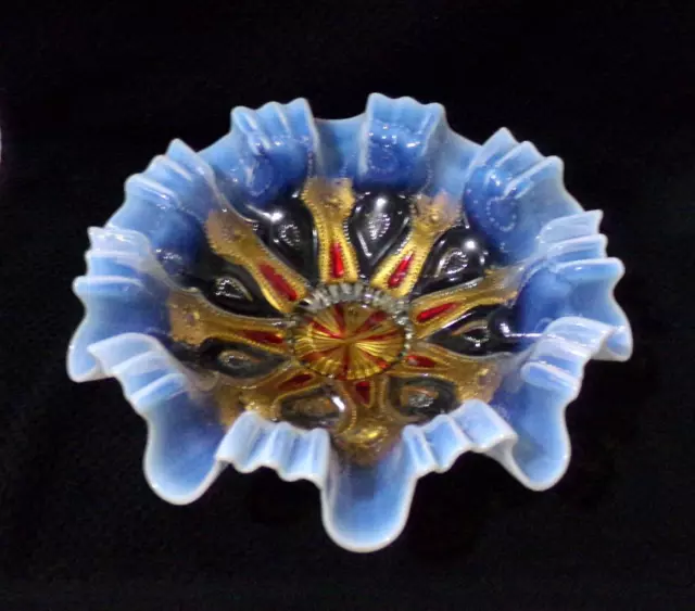 Vintage Dugan Cashew Pattern Opalescent Goofus Glass Ruffled Edge Bowl-Look!