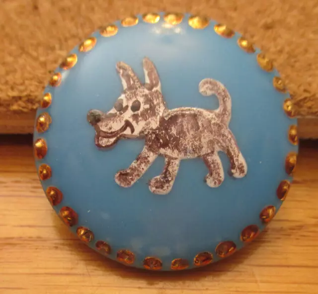1-Czech Glass Hand Painted Brown and White Dog-Blue Button #75 34.68mm